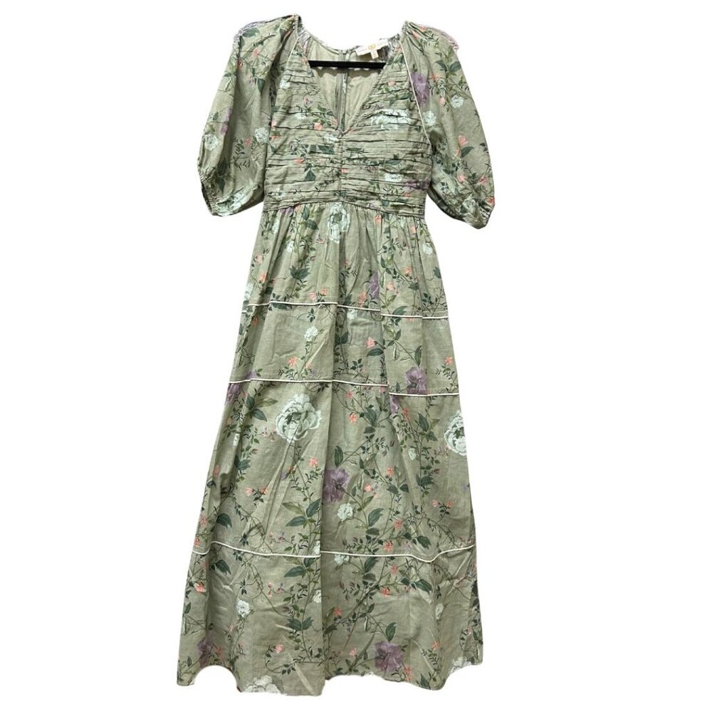 Floral Sage Green Maxi Dress with Puff Sleeves
